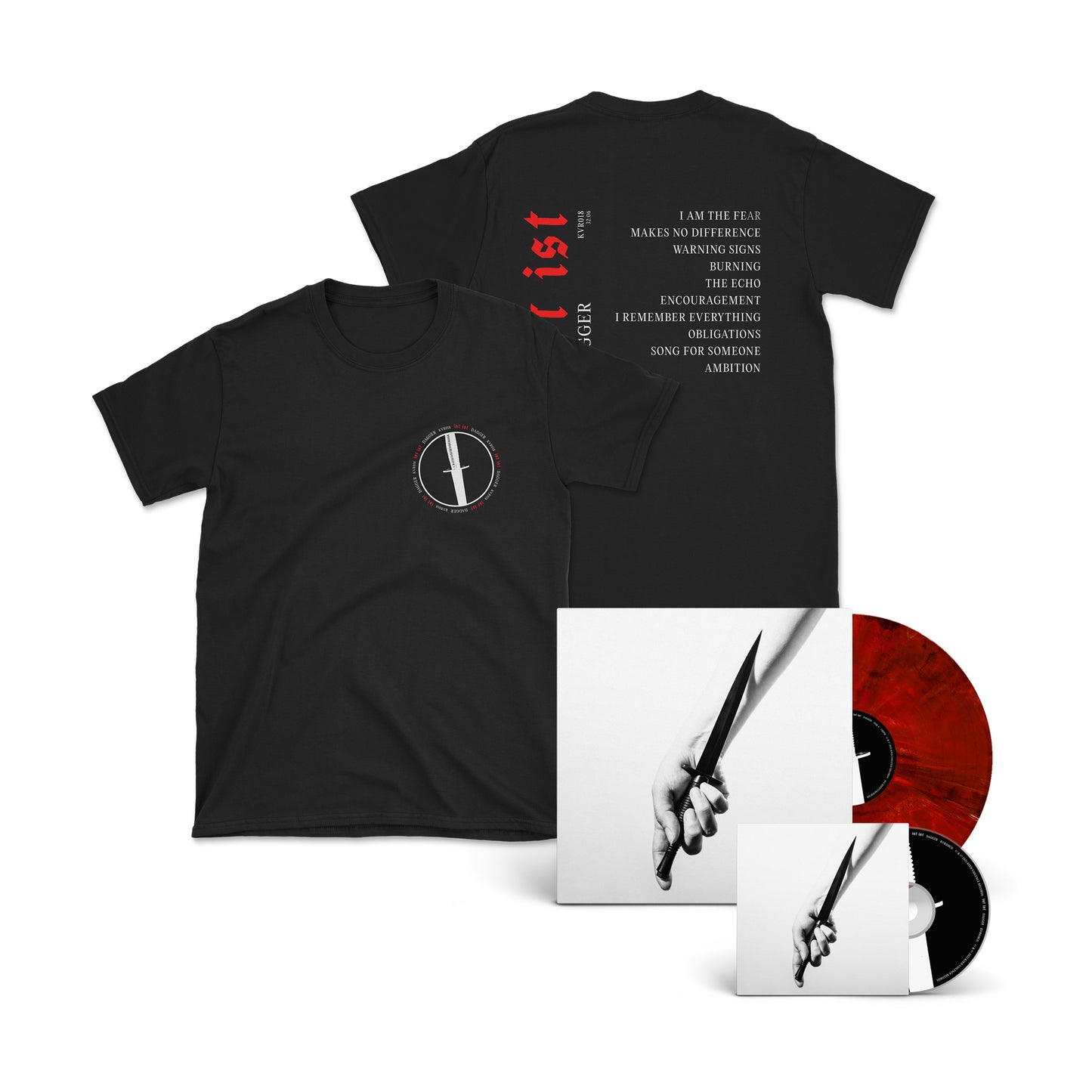 IST IST - 'DAGGER' Ruby Red Marble 12" Vinyl + CD + KVR018 T-Shirt Bundle